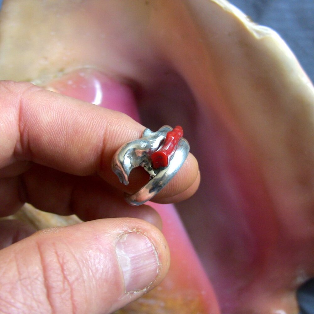 Dolphin ring on 999 pure silver with Italian red coral decoration